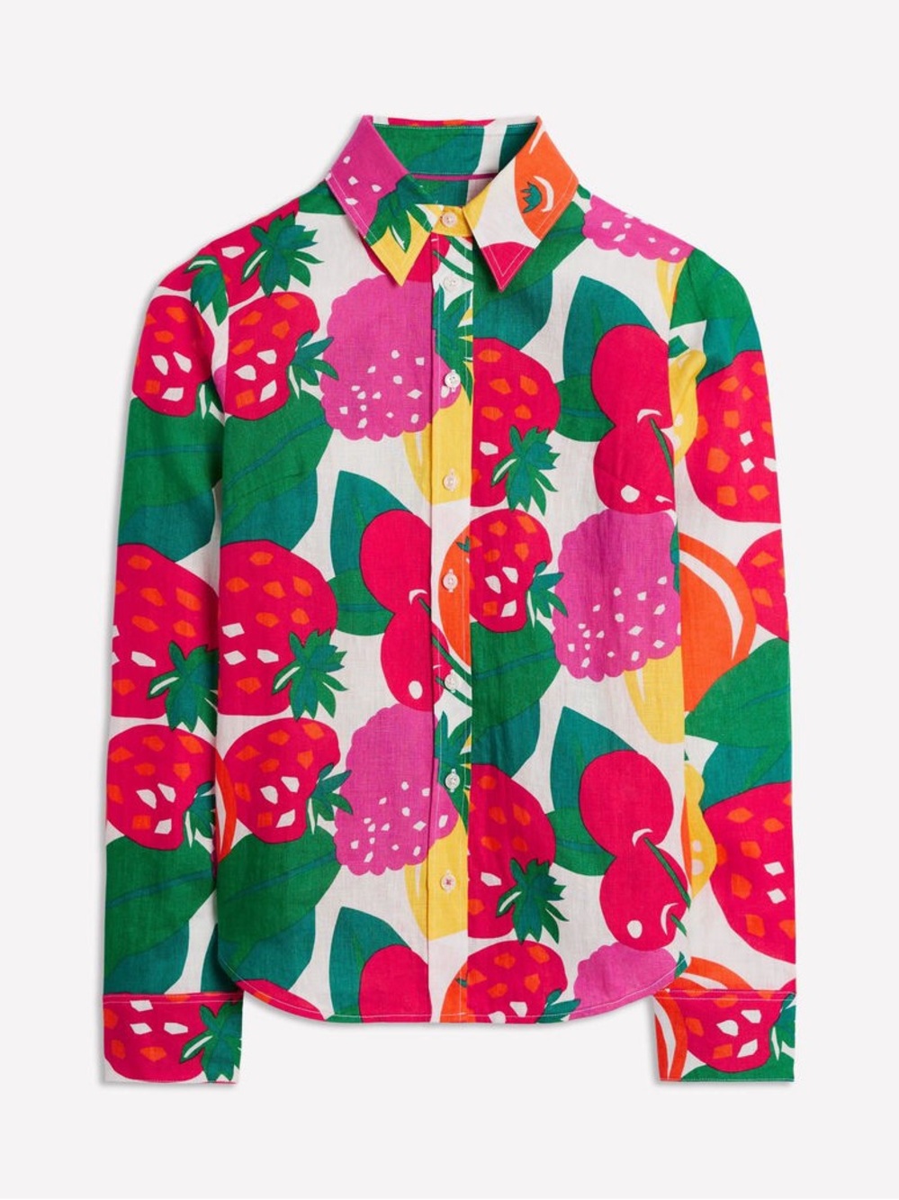 Boden Sienna Linen Strawberry-Print Button-Down Shirt - Pink, Green, Yellow - Picture 4 of 8